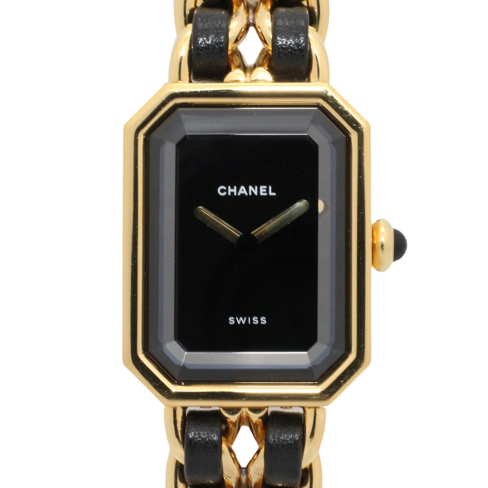 Chanel CHANEL Première L Watch, Gold Plated (GP), Leather Strap, Women's, Bla...
